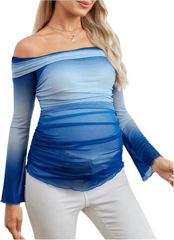 MakeMeChic Women's Maternity Shirts Tie Dye Off Shoulder Ruched Flounce Long Sleeve Pregnancy T Shirt Tops in Saudi Arabia