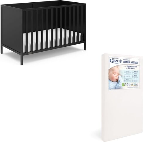 مجموعة أساسيات حضانة Graco Theo Crib and Mattress (أسود) - مرتبة سرير أطفال ومرتبة معتمدة من GREENGUARD Gold، أسرة مع مرتبة متضمنة، سرير أطفال قابل للتحويل، مراتب أطفال لسرير الأطفال in Saudi Arabia