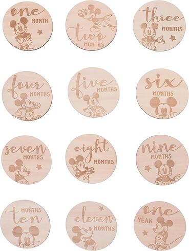 Disney Mickey Mouse Natural Wood Tone, 12 Piece Wooden Engraved Milestone Cards in Kuwait