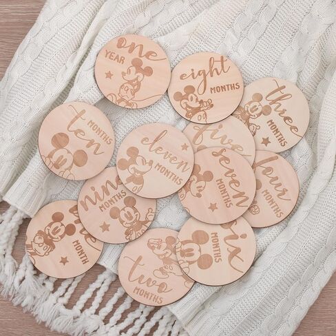 Disney Mickey Mouse Natural Wood Tone, 12 Piece Wooden Engraved Milestone Cards in Kuwait