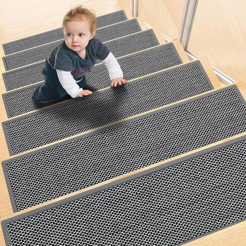 Stair Treads Non Slip, Carpet for Wooden Steps, Stair Runner Indoor for Kids Elders and Pets, Thicken Linen Surface with Self-Adhesive and Washable Backing, 15 PCS 8" X 30" Brown in Saudi Arabia