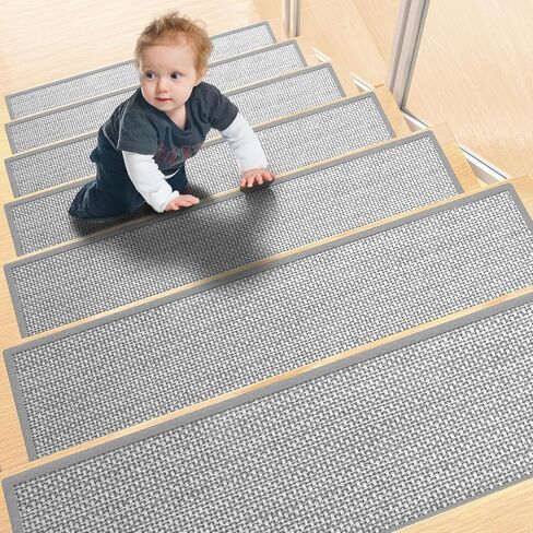 Stair Treads Non Slip, Carpet for Wooden Steps, Stair Runner Indoor for Kids Elders and Pets, Thicken Linen Surface with Self-Adhesive and Washable Backing, 15 PCS 8" X 30" Brown in Saudi Arabia
