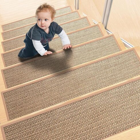 Stair Treads Non Slip, Carpet for Wooden Steps, Stair Runner Indoor for Kids Elders and Pets, Thicken Linen Surface with Self-Adhesive and Washable Backing, 15 PCS 8" X 30" Brown in Saudi Arabia