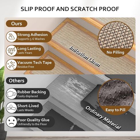 Stair Treads Non Slip, Carpet for Wooden Steps, Stair Runner Indoor for Kids Elders and Pets, Thicken Linen Surface with Self-Adhesive and Washable Backing, 15 PCS 8" X 30" Brown in Saudi Arabia