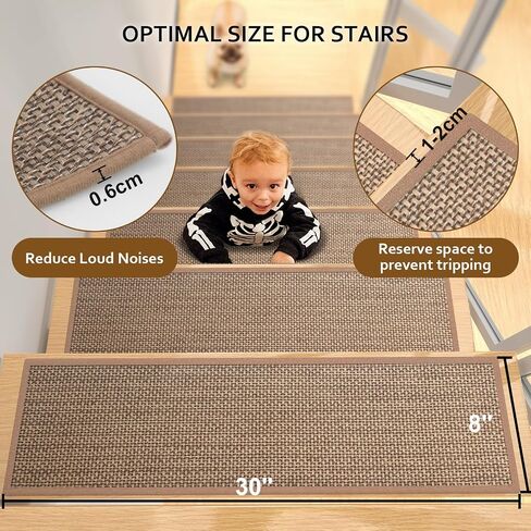 Stair Treads Non Slip, Carpet for Wooden Steps, Stair Runner Indoor for Kids Elders and Pets, Thicken Linen Surface with Self-Adhesive and Washable Backing, 15 PCS 8" X 30" Brown in Saudi Arabia