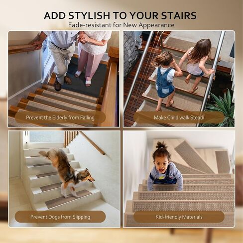 Stair Treads Non Slip, Carpet for Wooden Steps, Stair Runner Indoor for Kids Elders and Pets, Thicken Linen Surface with Self-Adhesive and Washable Backing, 15 PCS 8" X 30" Brown in Saudi Arabia