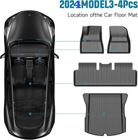 2024 إصدار جديد من Tesla Model 3 سجادات أرضية هايلاند تناسب جميع الأحوال الجوية TPE Cargo Liner Cargo Cargo Accessories، متوافقة مع 2021 2022 Tesla Model 3 (2024 Model 3 طقم سجادة أرضية كاملة مكون من 6 قطع) in Kuwait