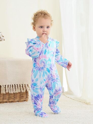 Haloumoning Baby Girl Tie Dye Footie Newborn Clothes Infant Ruffle Long Sleeve One Piece Outfit in Saudi Arabia