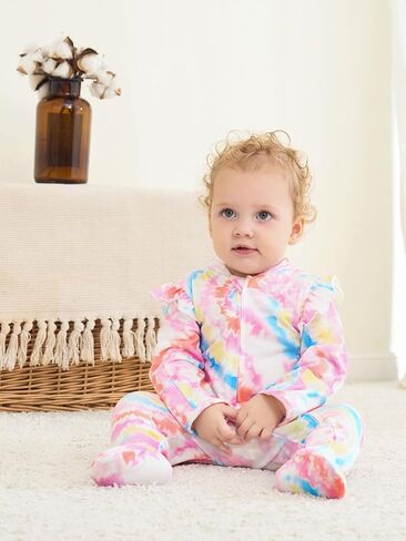 Haloumoning Baby Girl Tie Dye Footie Newborn Clothes Infant Ruffle Long Sleeve One Piece Outfit in Saudi Arabia