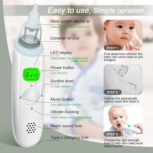 Nasal Aspirator for Baby, Electric Nose Aspirator for Toddler, with 3 Silicone Suck Head, Baby Nose Sucker,Automatic Nose Cleaner,Adjustable Suction Level, Music and Light USB Rechargeable. in Saudi Arabia