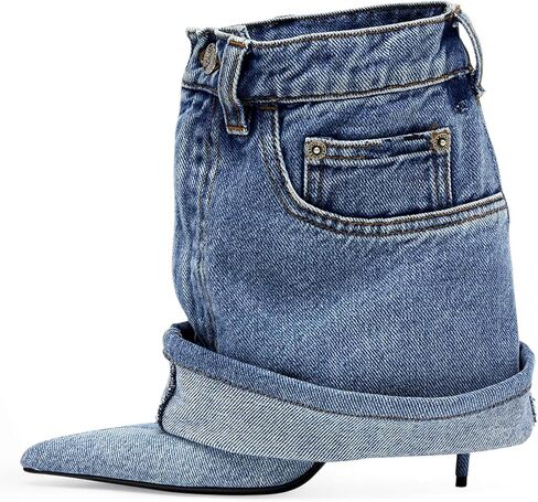 Longxuanwen Vintage Denim Ankle Short Stiletto Heels Boots for Women,Women's Jeans with Metal Buckle Pocket Style Pointed Toe Booties Retro Fashionable Ruched Cowboy Casual Kitten High Heel Boots in Saudi Arabia