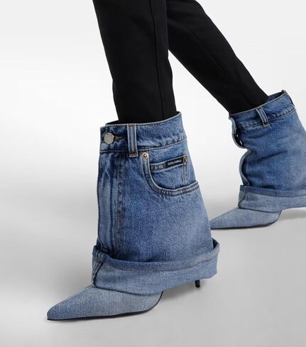 Longxuanwen Vintage Denim Ankle Short Stiletto Heels Boots for Women,Women's Jeans with Metal Buckle Pocket Style Pointed Toe Booties Retro Fashionable Ruched Cowboy Casual Kitten High Heel Boots in Saudi Arabia