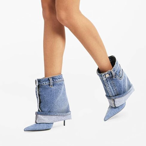Longxuanwen Vintage Denim Ankle Short Stiletto Heels Boots for Women,Women's Jeans with Metal Buckle Pocket Style Pointed Toe Booties Retro Fashionable Ruched Cowboy Casual Kitten High Heel Boots in Saudi Arabia