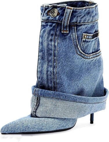 Longxuanwen Vintage Denim Ankle Short Stiletto Heels Boots for Women,Women's Jeans with Metal Buckle Pocket Style Pointed Toe Booties Retro Fashionable Ruched Cowboy Casual Kitten High Heel Boots in Saudi Arabia