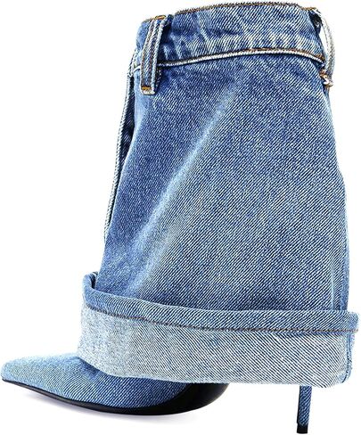 Longxuanwen Vintage Denim Ankle Short Stiletto Heels Boots for Women,Women's Jeans with Metal Buckle Pocket Style Pointed Toe Booties Retro Fashionable Ruched Cowboy Casual Kitten High Heel Boots in Saudi Arabia