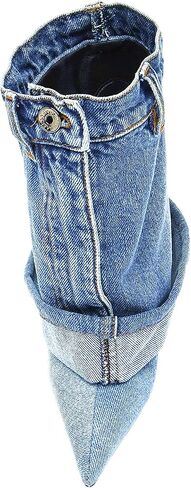 Longxuanwen Vintage Denim Ankle Short Stiletto Heels Boots for Women,Women's Jeans with Metal Buckle Pocket Style Pointed Toe Booties Retro Fashionable Ruched Cowboy Casual Kitten High Heel Boots in Saudi Arabia