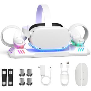 RGB Charging Dock for Oculus Quest 2, Magnetic Charging Station for Meta Quest 2 VR Headset & Controllers, with 2 Rechargeable 2100mAh Batteries, USB-C Charger and Cable, Supports LED Indicator