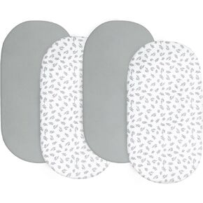 4-Pack Fitted Bassinet Sheets Compatible with Baby Delight, Dream On Me Skylar and Other Rectangle, Oval, Hourglass Bassinet Mattress, Ultra Soft and Breathable, Grey Leaf