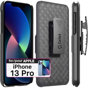 Cell Phone Holster for iPhone 13 Pro - Heavy Duty - Hard Shell Holster Case with Belt Clip and Built in Adjustable Media Kickstand - Black Rubberized Case
