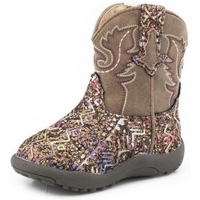 ROPER Girls Infant Brown Faux Leather Glitter Aztec Southwest Cowboy Boots
