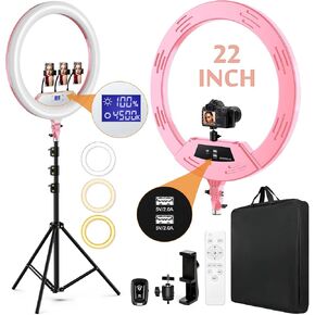 22"Ring Light with Stand,Ring Light Tripod for iPhone ipad,with 75"Tripod/LCD Display/4 ipad iPhone Clips/2 USB Ports,2600K-6500K Color Temperature,for Barber Makeup Tattoo TikTok Video Recording Vlog