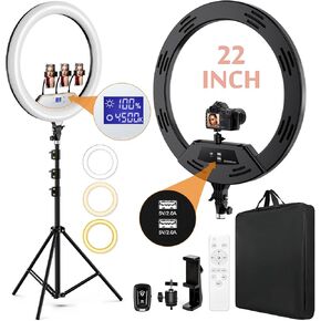 22"Ring Light with Stand,Ring Light Tripod for iPhone ipad,with 75"Tripod/LCD Display/4 ipad iPhone Clips/2 USB Ports,2600K-6500K Color Temperature,for Barber Makeup Tattoo TikTok Video Recording Vlog
