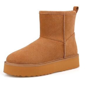 BCTEX COLL Women's Platform Ankle Boots Warm Fluffy Fuzzy Fur Lining Suede Slip On Water Resistant Winter Snow Boot Shoes for Ladies Gift