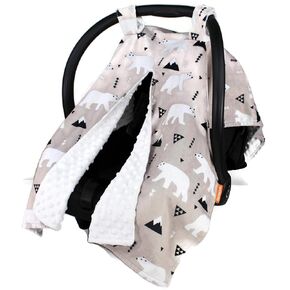 Dear Baby Gear Deluxe Car Seat Canopy, Custom Minky Print, White Polar Bear on Taupe, White Minky Dot