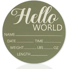 Baby Announcement Sign for Newborn Boys or Girls, Hello World Newborn Sign, Nursery Wall Decor, Baby Name Sign, Green Colour Theme Birch Wood 6 inch Circle Board Birth Stat Sign, Newborn Gifts