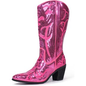 Hawkwell Women's Sequin Mid Calf Western Cowboy Boots Wide Calf High Fashion Zipper Pointed Toe Embroidered Tall Cowgirl Boots in Saudi Arabia
