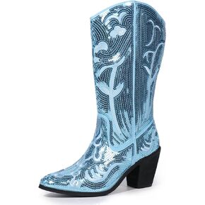 Hawkwell Women's Sequin Mid Calf Western Cowboy Boots High Fashion Pull On Zipper Pointed Toe Embroidered Tall Cowgirl Boots