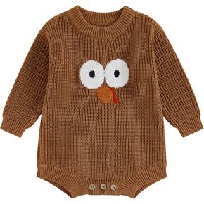 Thanksgiving Baby Girl Boy Outfit Long Sleeve Turkey Knit Sweater Romper Crewneck Pullover Sweatshirt Fall Clothes