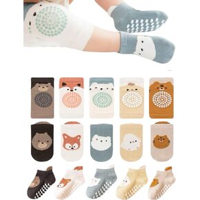 Baby Toddler Anti-Slip Socks & Knee Pads, Non-Skid Grips, Cartoon Design, 10 Pairs