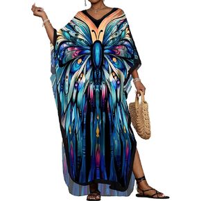 Bsubseach Kaftan Dresses for Women Plus Size V Neck Batwing Sleeve Caftans Long Bathing Suit Cover Up Maxi Beach Dress