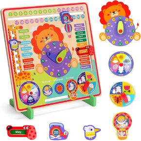 Montessori Toys for 4 Year Old,Wooden Calendar and Teaching Clock for Kids Learning Clock for Telling Time, Date, Days of The Months, Seasons and Weather-Educational Toys for Boys and Girls（7 in 1）