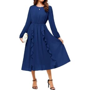 JASAMBAC Womens Long Sleeve Wedding Guest Dresses Flowy Chiffon Ruffled A-Line Midi Dresses 2024 Fall Casual Long Dress