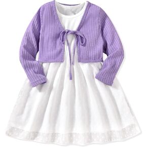 Toddler Girls Solid Sleeveless Swiss Dots Dress and Long Sleeve Knit Tie Front Cardigan Set 2 Pieces Outfits