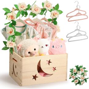 Wooden Baby Shower Crate Closet, Baby Gift Basket with Handle DIY Wooden Crate with Hanger Rack & Garland Personalized Baby Shower Gifts Box for Newborn Boys Girls Pregnancy New Parent