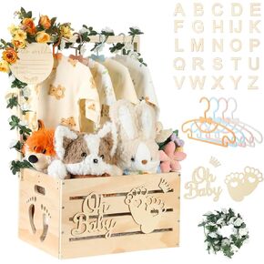 Wooden Baby Shower Crate Closet, Baby Shower Basket with Handle and Garland, Wooden Crate, Easy Assembly Baby Baskets for Newborn Boys Girls, Pregnancy Gifts for New Parents