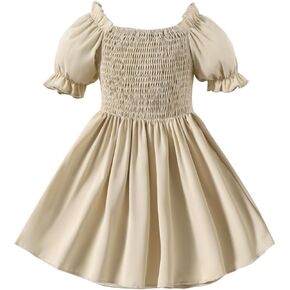 Neutocd Toddler Baby Girl Dress Ruffle Short Sleeve Elastic Solid Square Neck Flared Plain Casual Summer Dresses for Girls