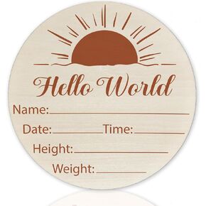 Baby Announcement Sign for Newborn Boys or Girls, Hello World Newborn Sign, Nursery Wall Decor, Baby Name Sign, Sun Theme Birch Wood 6 inch Circle Board Birth Stat Sign, Newborn Gifts
