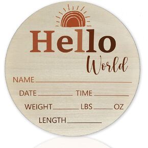 Baby Announcement Sign for Newborn Boys or Girls, Hello World Newborn Sign, Nursery Wall Decor, Baby Name Sign, Sunshine Theme Birch Wood 6 inch Circle Board Birth Stat Sign, Newborn Gifts