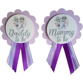 2 Mommy to Be & Daddy to Be Pin Elephant Baby Shower Pins for parents to wear, Purple & White, It's a Girl Baby Sprinkle