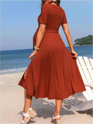 MakeMeChic Women's Maternity Dress Ribbed Knit V Neck Short Sleeve Slit Hem Belted Pregnancy Midi Dress in Saudi Arabia