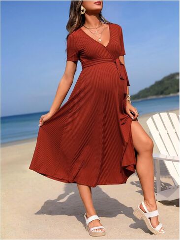MakeMeChic Women's Maternity Dress Ribbed Knit V Neck Short Sleeve Slit Hem Belted Pregnancy Midi Dress in Saudi Arabia