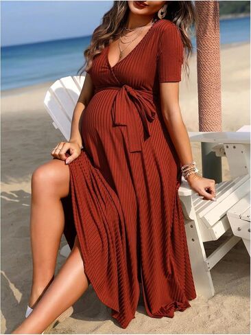 MakeMeChic Women's Maternity Dress Ribbed Knit V Neck Short Sleeve Slit Hem Belted Pregnancy Midi Dress in Saudi Arabia