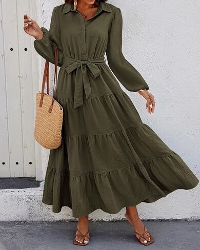 dowerme Women's Fall Dresses 2024 Long Sleeve V Neck Button Down Belted A-Line Flowy Ruffle Maxi Shirt Dress with Pocket in Kuwait