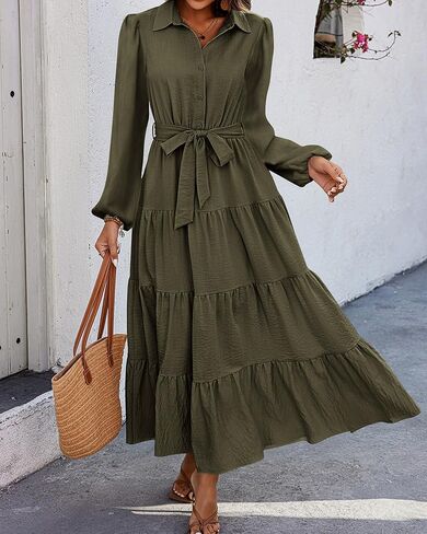 dowerme Women's Fall Dresses 2024 Long Sleeve V Neck Button Down Belted A-Line Flowy Ruffle Maxi Shirt Dress with Pocket in Kuwait