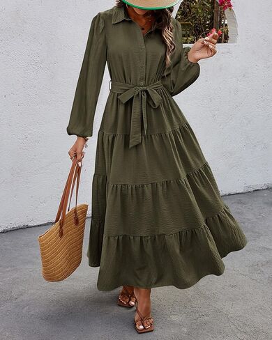 dowerme Women's Fall Dresses 2024 Long Sleeve V Neck Button Down Belted A-Line Flowy Ruffle Maxi Shirt Dress with Pocket in Kuwait