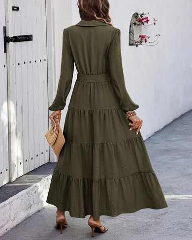 dowerme Women's Fall Dresses 2024 Long Sleeve V Neck Button Down Belted A-Line Flowy Ruffle Maxi Shirt Dress with Pocket in Kuwait